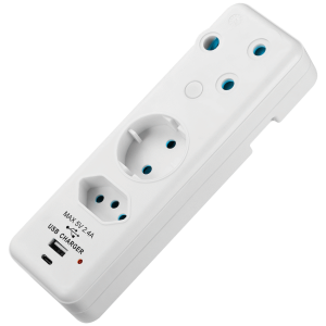 Switched 3-Way Schuko Adaptor with Type C + USB