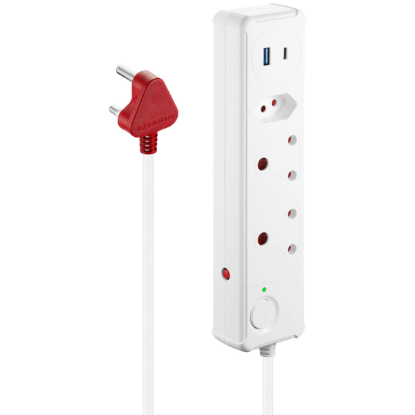 Switched 3-Way Medium Surge-Protected Multiplug with 1x Type-C + 3.4a USB Ports - 0.5m - White