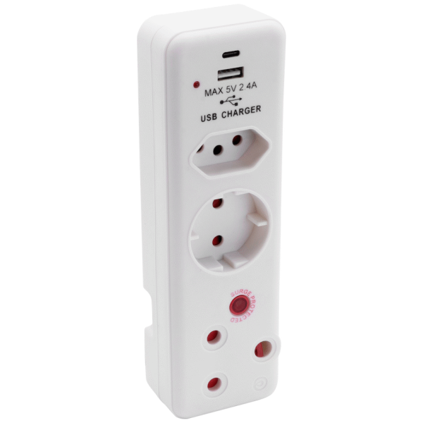 Ellies  3 Way Medium Surge adaptor Schuko,with type C + USB