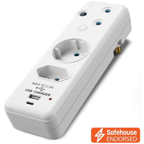 Ellies 3-Way Schuko Adaptor with Type-C + USB - White