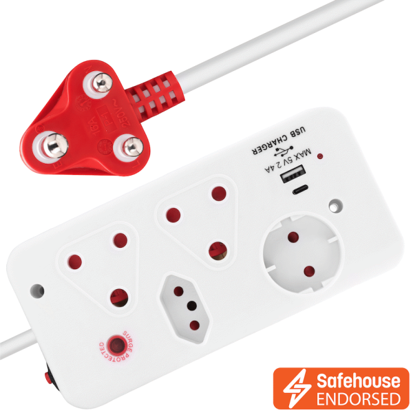 Ellies 4-Way Surge Multiplug with USB-A+USB-C 0.5m - WT
