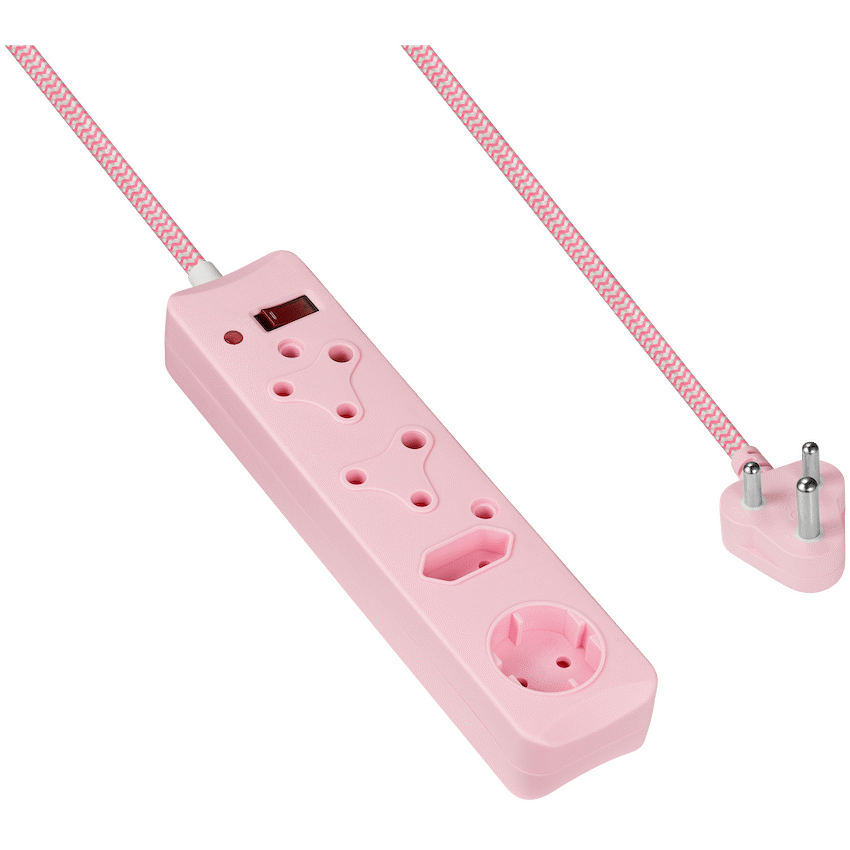 SWITCHED 4 Way Medium Surge Protected Multiplug 0.5M Braided Cord Pink
