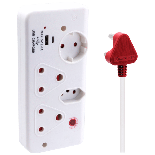 Switched 4-Way with 1x Type-C + 1x USB 2.4a Socket Medium Surge-Protected 0.5m