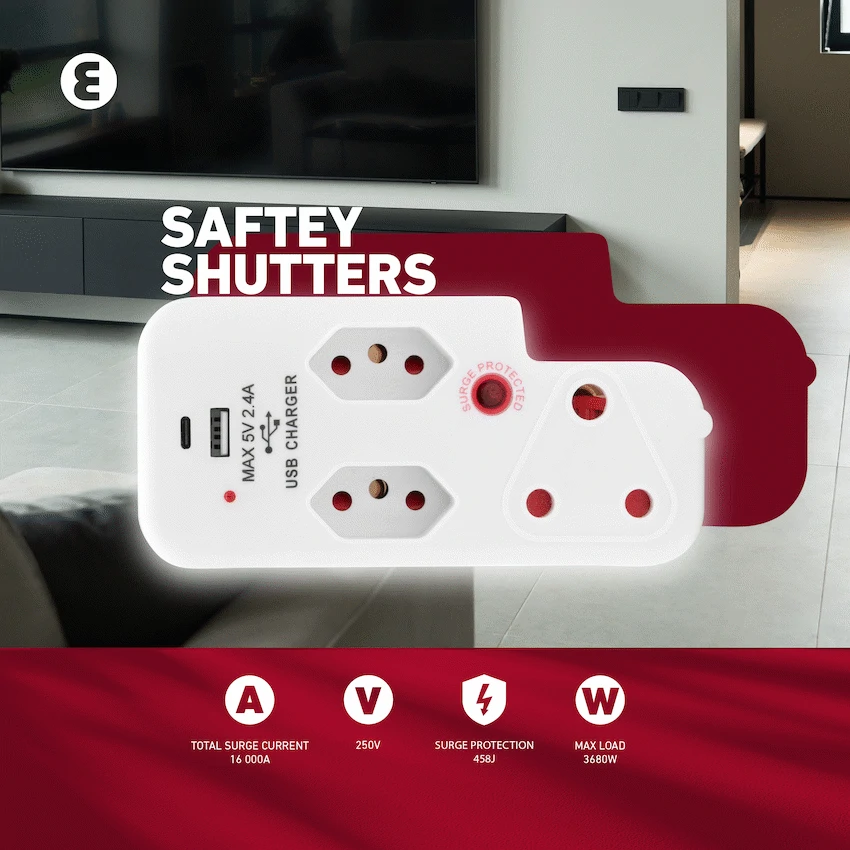 Ellies 3 Way Surge Adaptor with Type C + USB - WT - Image 12