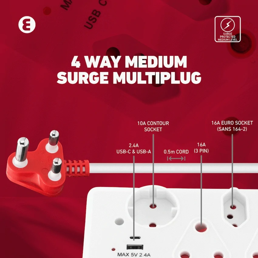 Ellies 4-Way Surge Multiplug with USB-A+USB-C 0.5m - WT - Image 13