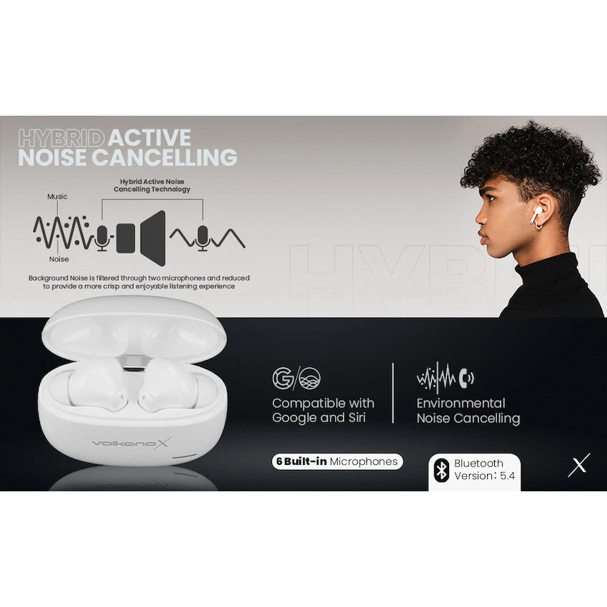 VolkanoX VXT200S Hybrid ANC TWS Earphones - White - Image 14