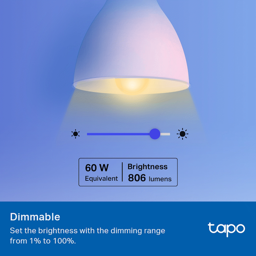 TP-Link Tapo L530E 2 Pack 8.7w Smart Wi-Fi Warm White Light Bulb, Dimmable, A60, E27 - Image 2
