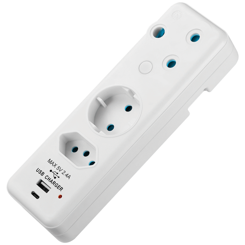 Ellies 3-Way Schuko Adaptor with Type-C + USB - White - Image 2