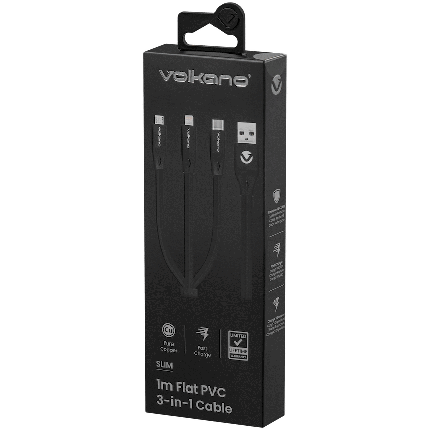 Volkano Slim Series Flat PVC 3-in-1 (Type-C / Lightning / Micro) Cable 30W 1m- Black - Image 3