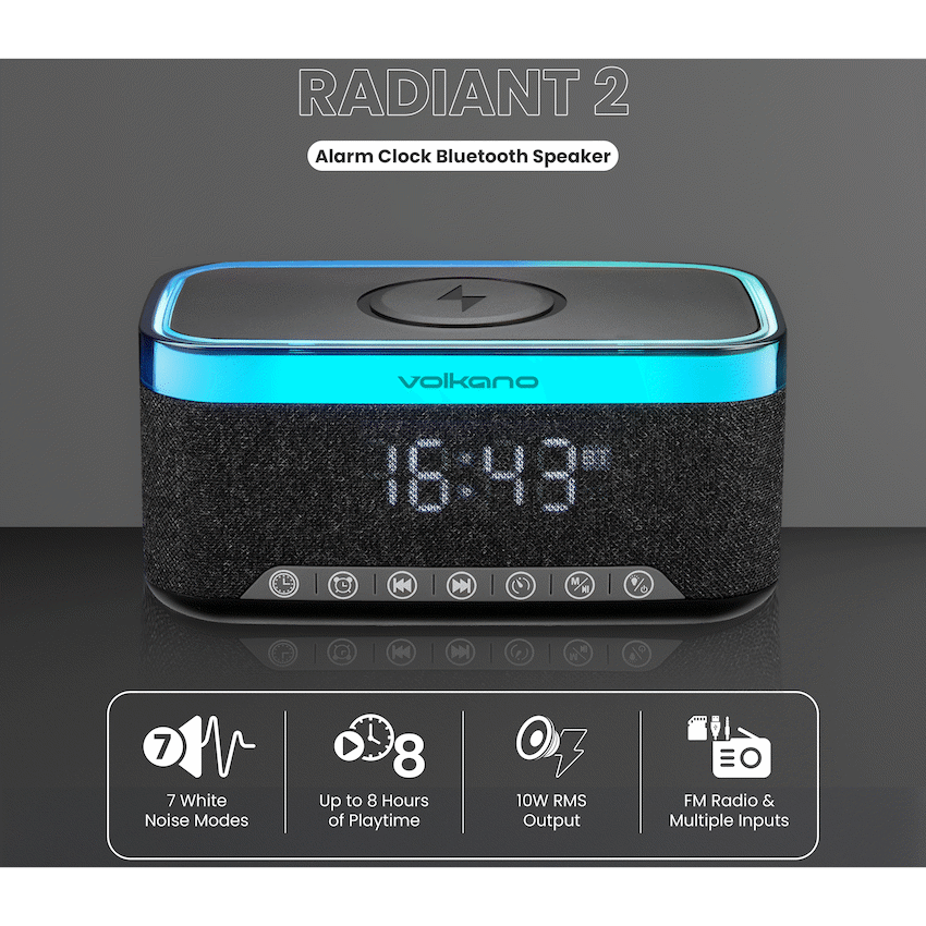 Volkano Radiant 2 Alarm Clock with Wireless Charging and Speaker - Black - Image 3