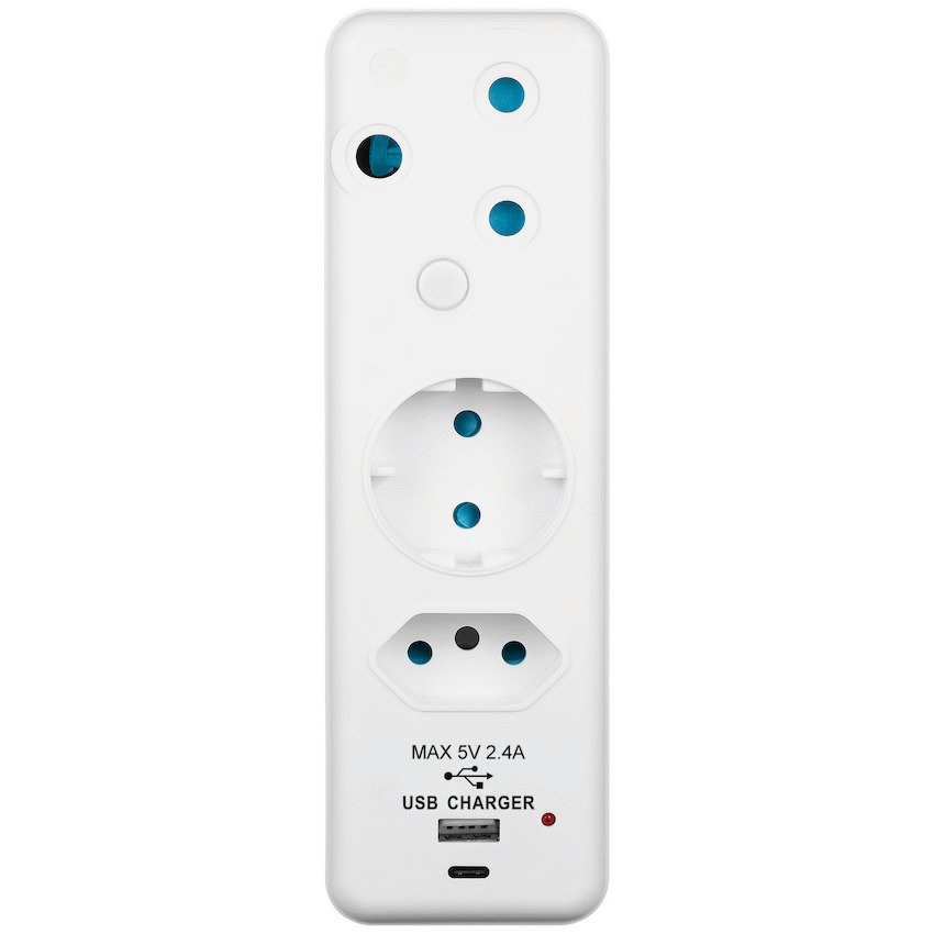Ellies 3-Way Schuko Adaptor with Type-C + USB - White - Image 3