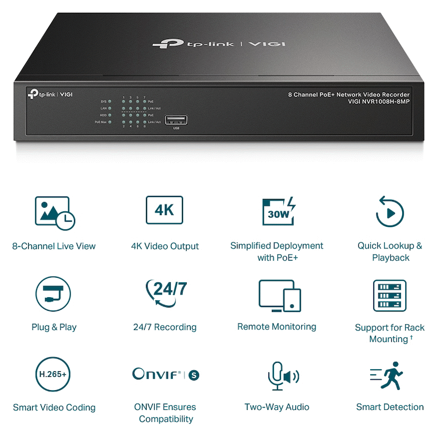 TP-Link Vigi NVR1008H-8MP 8 Channel PoE Network Video Recorder - Image 3