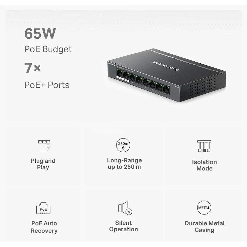 TP-Link Mercusys MS108GP 8-Port Gigabit Desktop Switch with 7-Port PoE+ - Image 4