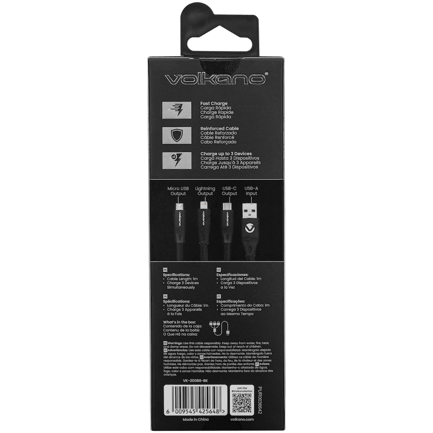 Volkano Slim Series Flat PVC 3-in-1 (Type-C / Lightning / Micro) Cable 30W 1m- Black - Image 4