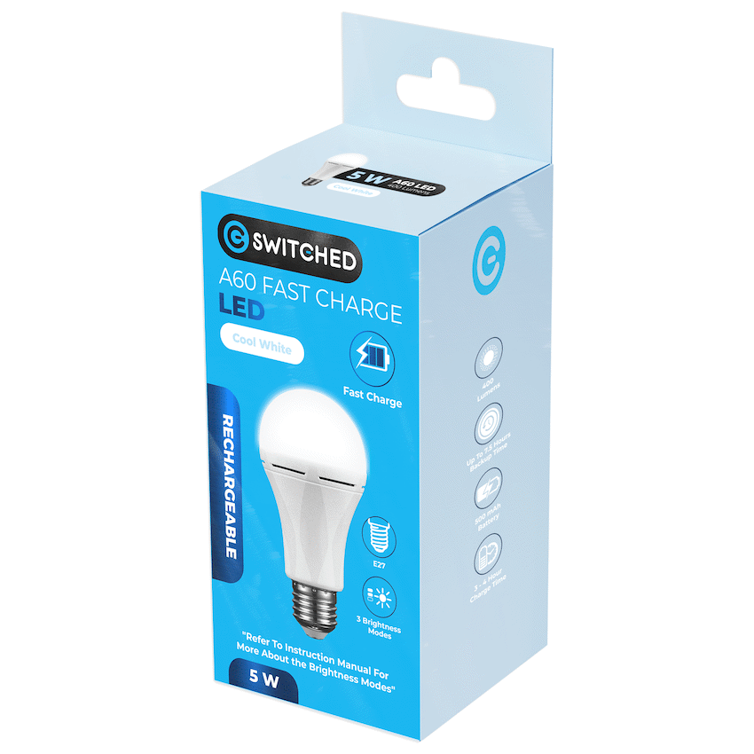 Switched 5w A60 Rechargeable Fast Charge E27 LED - CW - Image 4