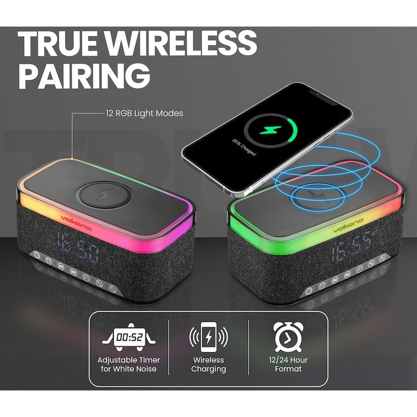 Volkano Radiant 2 Alarm Clock with Wireless Charging and Speaker - Black - Image 4