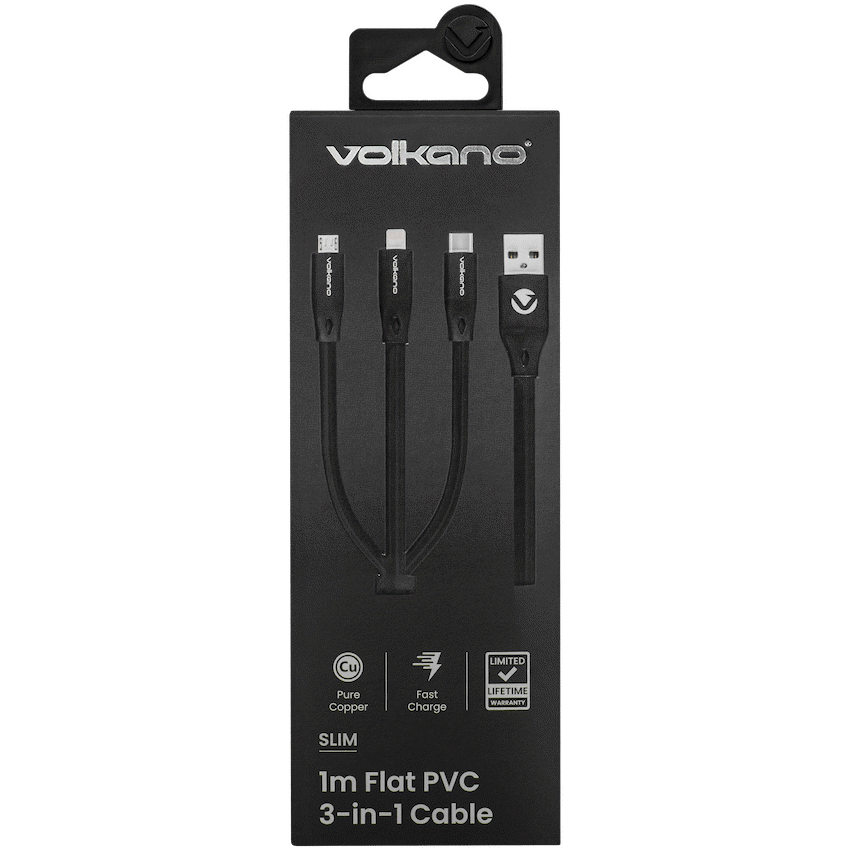 Volkano Slim Series Flat PVC 3-in-1 (Type-C / Lightning / Micro) Cable 30W 1m- Black - Image 5