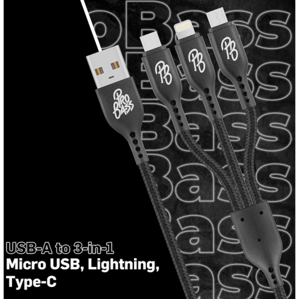 Pro Bass Braided 3-in-1 Charge Cable 1m - Black