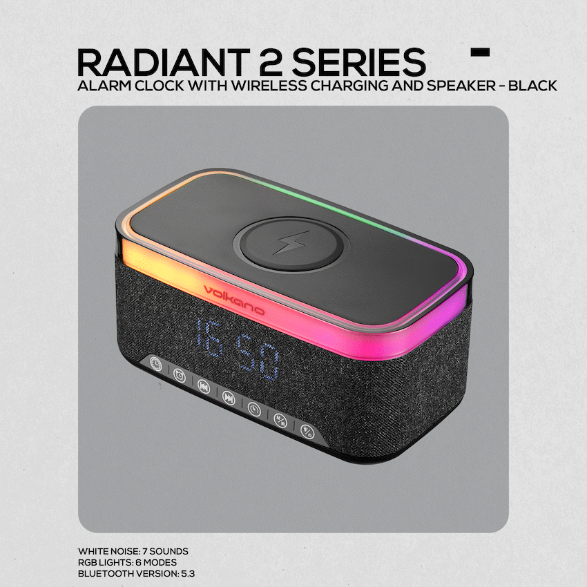 Volkano Radiant 2 Alarm Clock with Wireless Charging and Speaker - Black - Image 6