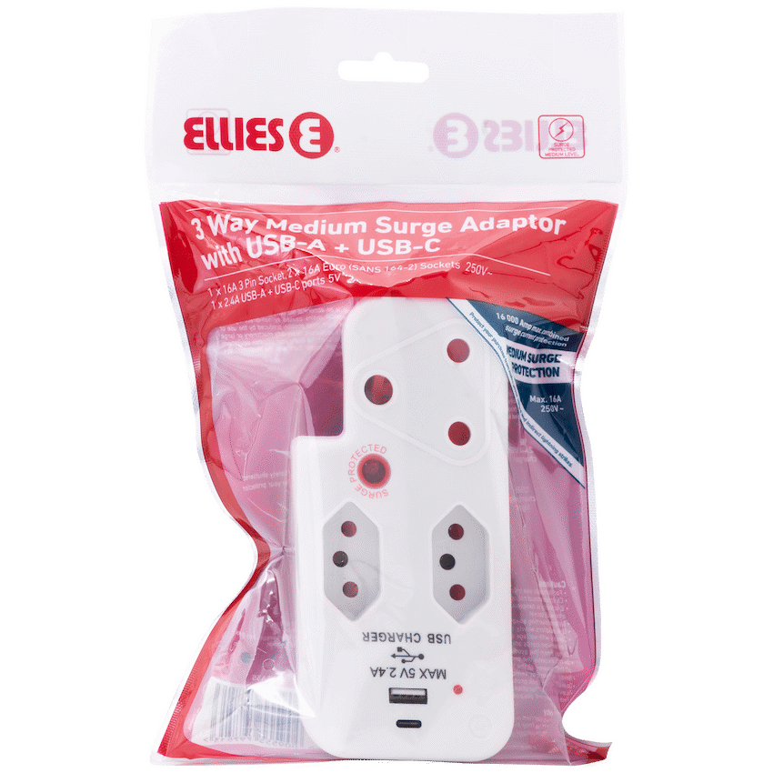 Ellies 3 Way Surge Adaptor with Type C + USB - WT - Image 6