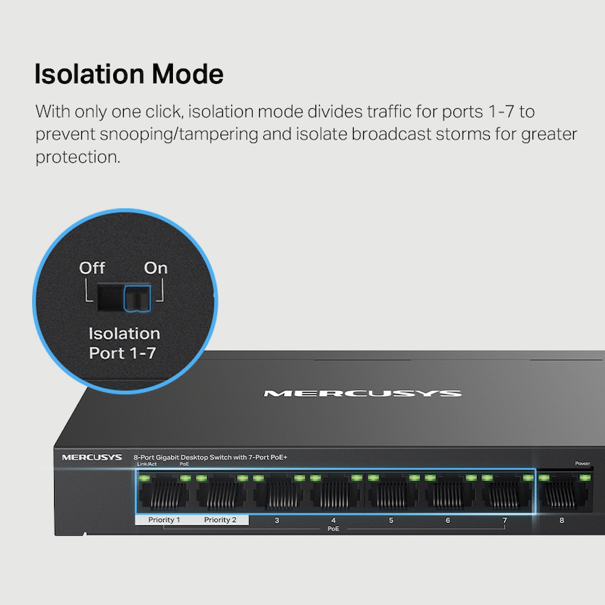 TP-Link Mercusys MS108GP 8-Port Gigabit Desktop Switch with 7-Port PoE+ - Image 7