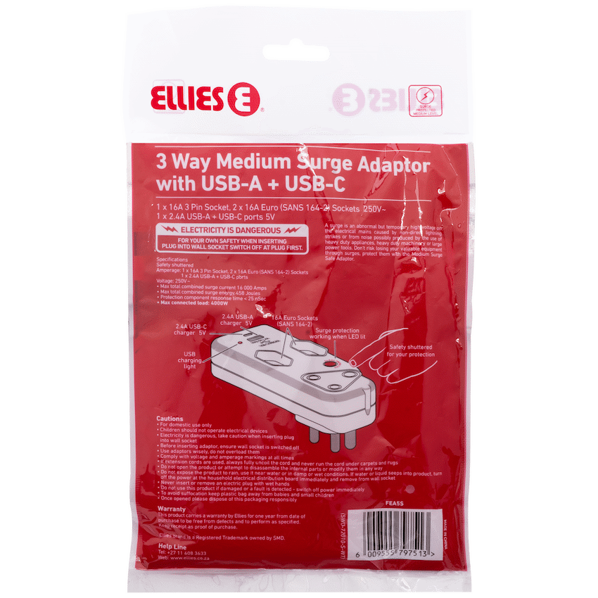 Ellies 3 Way Surge Adaptor with Type C + USB - WT - Image 7
