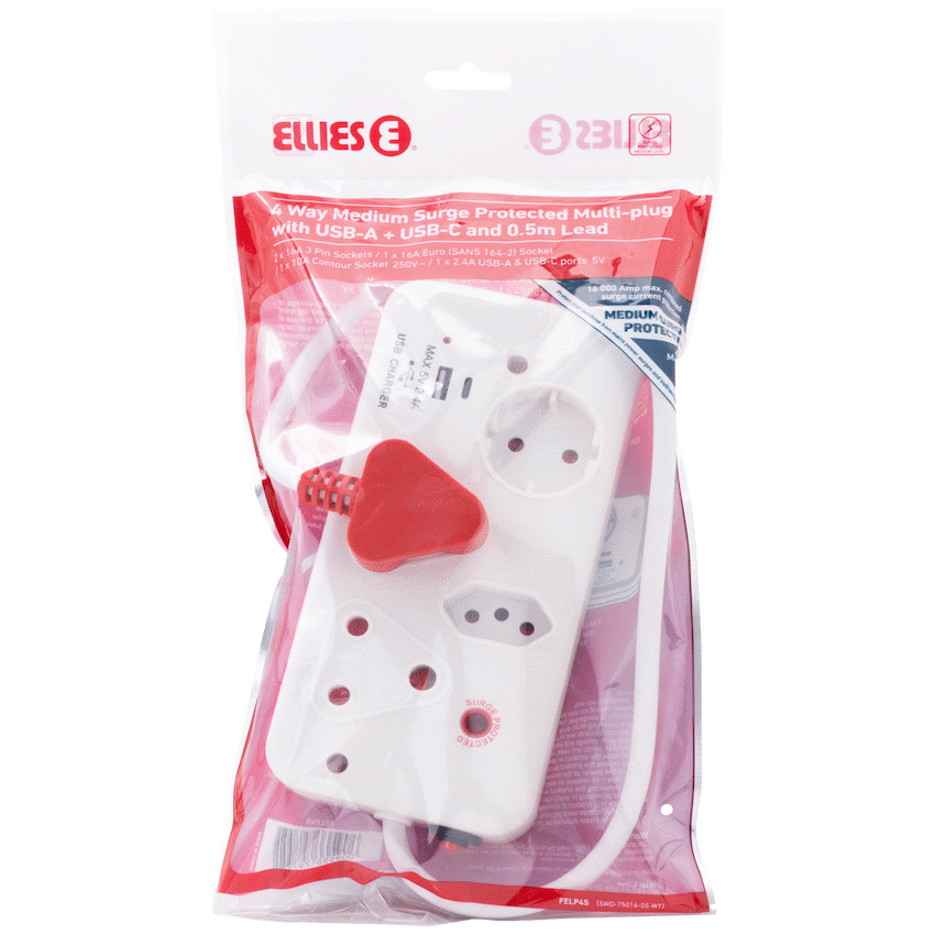 Ellies 4-Way Surge Multiplug with USB-A+USB-C 0.5m - WT - Image 7
