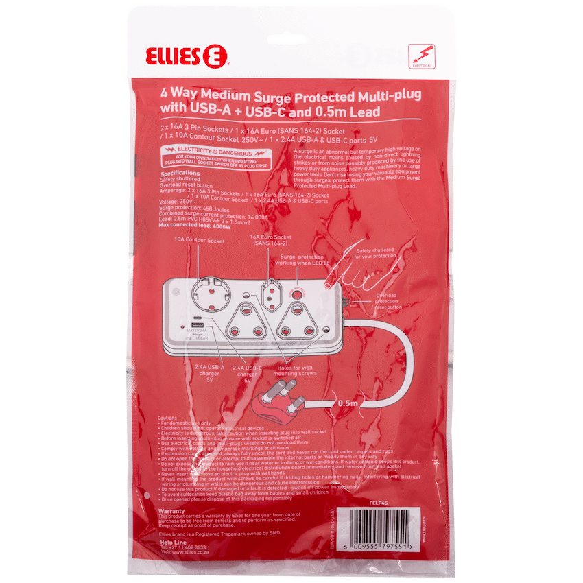 Ellies 4-Way Surge Multiplug with USB-A+USB-C 0.5m - WT - Image 8
