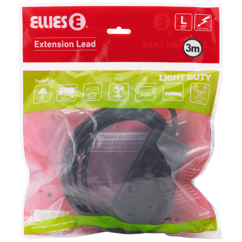 Ellies Side-by-Side Light-Duty Extension Lead - 3m - Black - Image 9