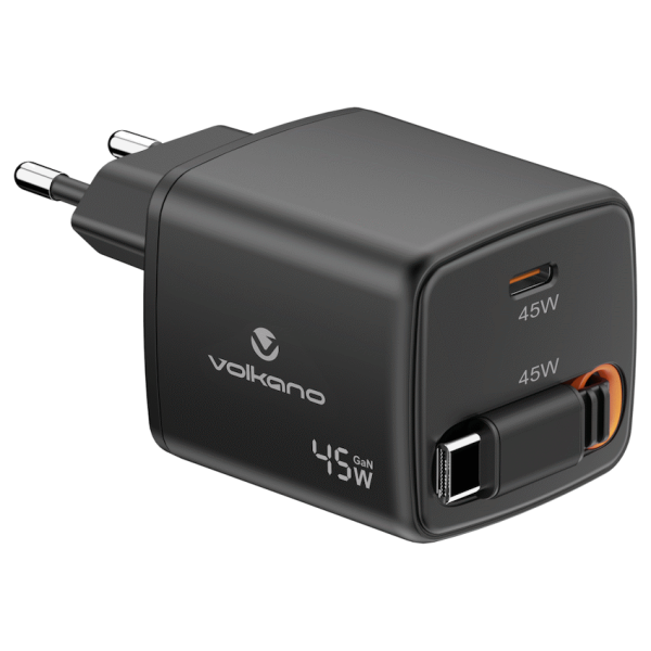 Volkano Sleek Series Fast Wall Charger 45W USB-C with Built-in Retractable 75cm Cable - Black