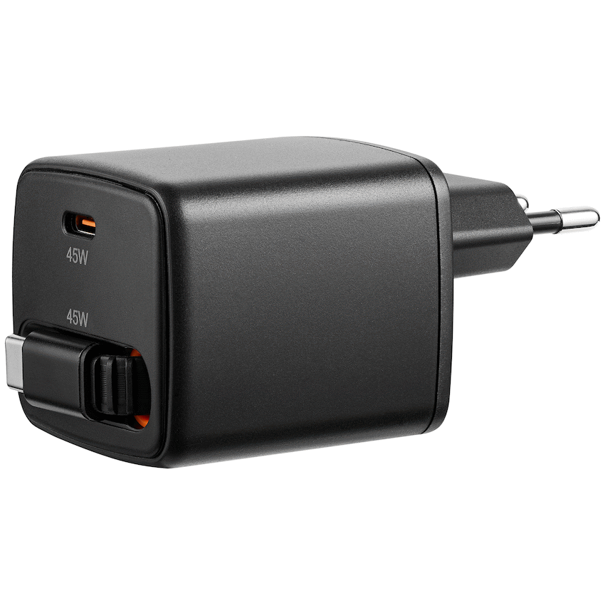 Volkano Sleek Series Fast Wall Charger 45W USB-C with Built-in Retractable 75cm Cable - Black - Image 2