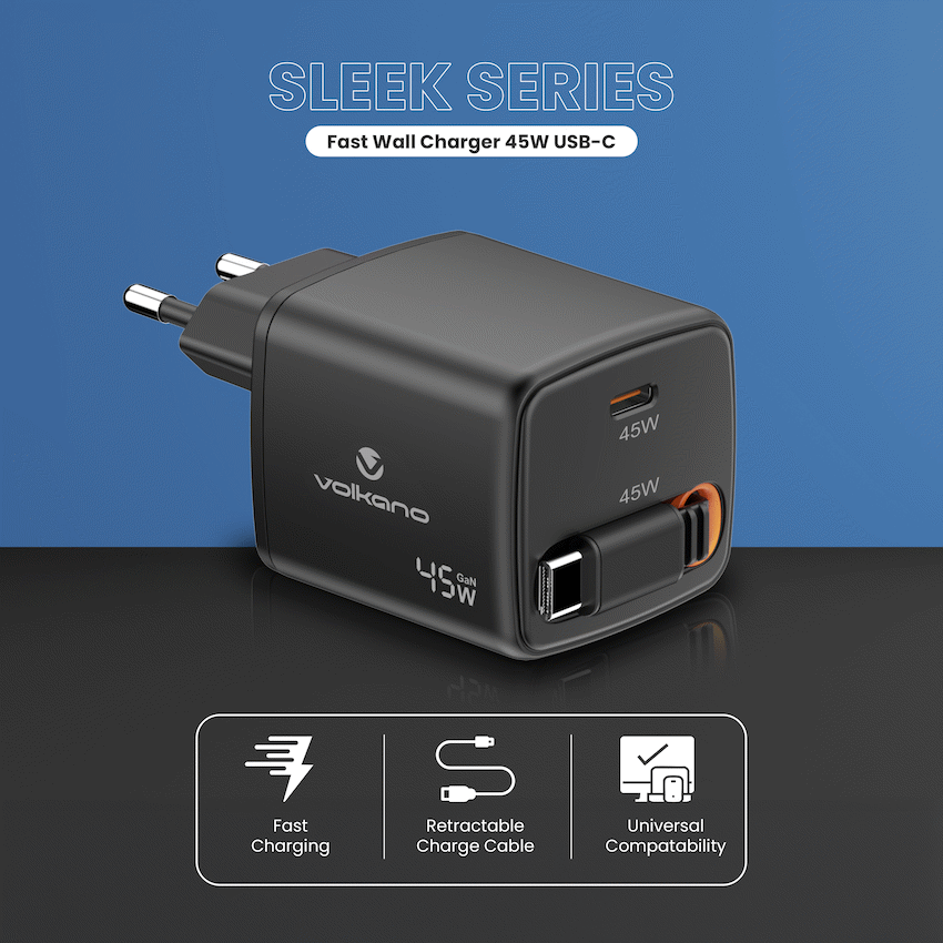 Volkano Sleek Series Fast Wall Charger 45W USB-C with Built-in Retractable 75cm Cable - Black - Image 3