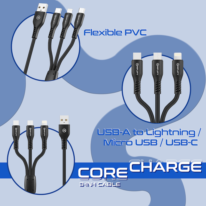 Amplify CoreCharge Series 1.2m 3-in-1 Cable - Black - Image 3