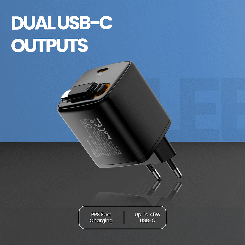 Volkano Sleek Series Fast Wall Charger 45W USB-C with Built-in Retractable 75cm Cable - Black - Image 4