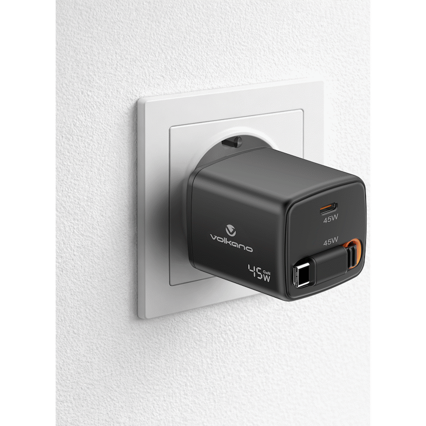 Volkano Sleek Series Fast Wall Charger 45W USB-C with Built-in Retractable 75cm Cable - Black - Image 5
