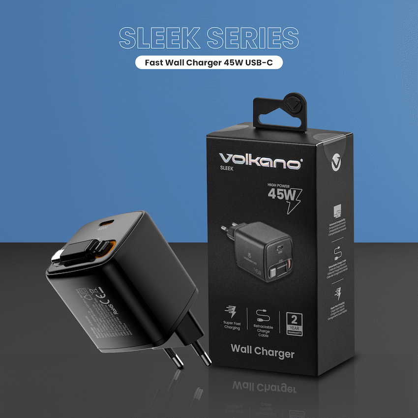 Volkano Sleek Series Fast Wall Charger 45W USB-C with Built-in Retractable 75cm Cable - Black - Image 6