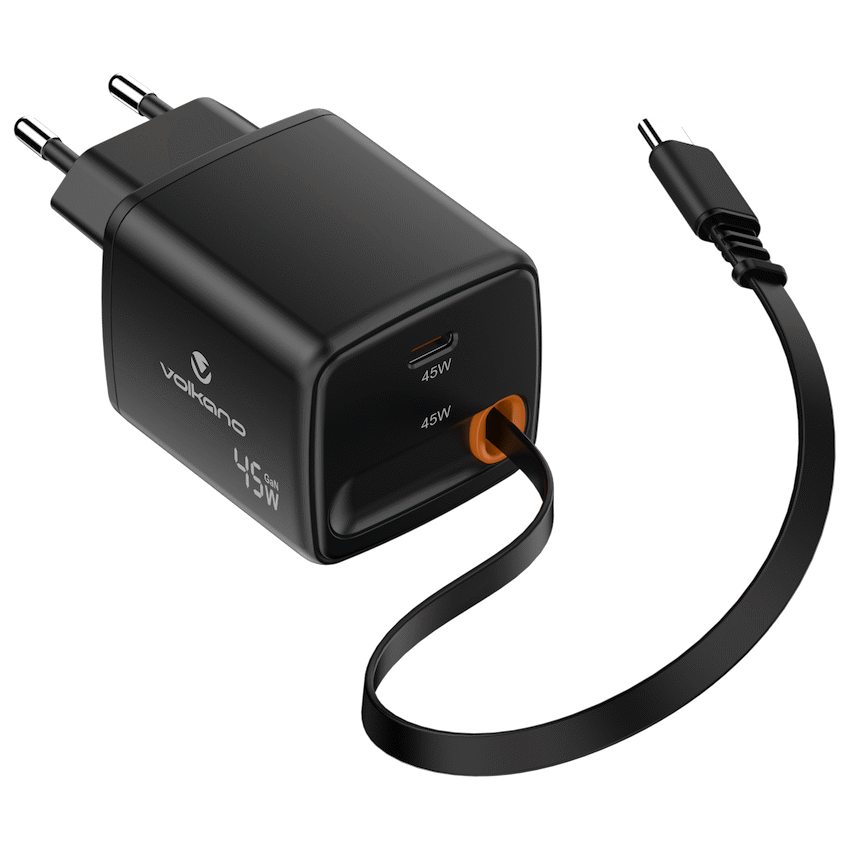 Volkano Sleek Series Fast Wall Charger 45W USB-C with Built-in Retractable 75cm Cable - Black - Image 7