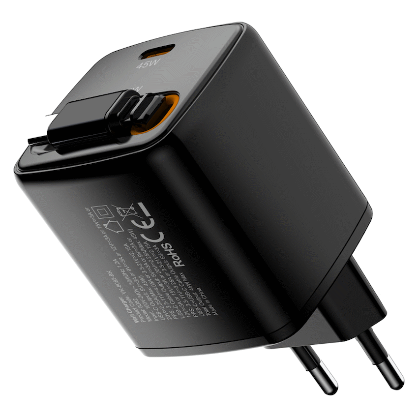 Volkano Sleek Series Fast Wall Charger 45W USB-C with Built-in Retractable 75cm Cable - Black - Image 8