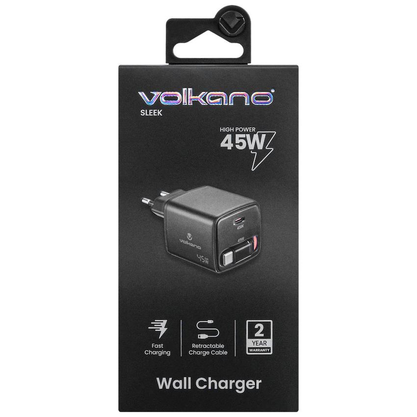 Volkano Sleek Series Fast Wall Charger 45W USB-C with Built-in Retractable 75cm Cable - Black - Image 9