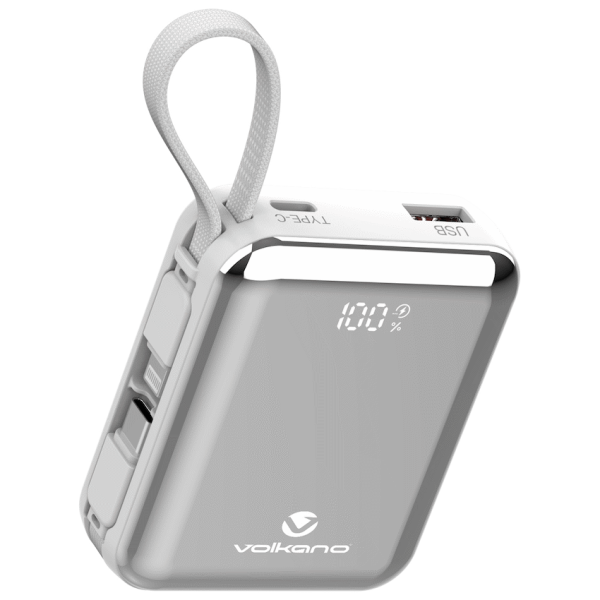 Volkano Solace Series 10 000 mAh Power Bank with Built-in USB-C & Lightning Cable - White & Silver