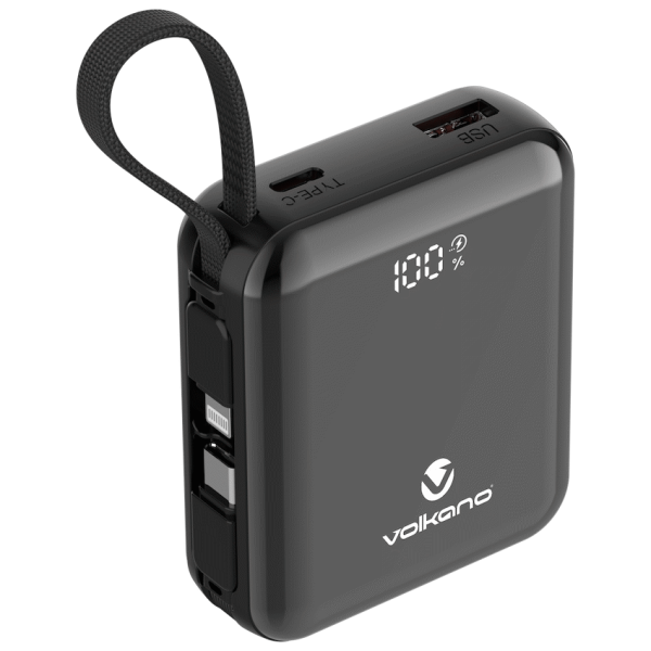 Volkano Solace Series 10 000 mAh Power Bank with Built-in USB-C & Lightning Cable - Black
