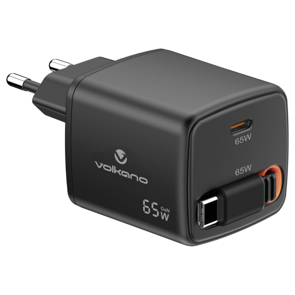 Volkano Sleek Series Fast Wall Charger 65W USB-C with Built-in Retractable 75cm Cable - Black