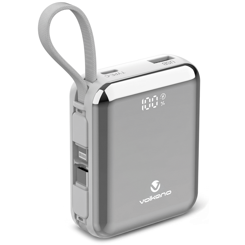 Volkano Solace Series 10 000 mAh Power Bank with Built-in USB-C & Lightning Cable - White & Silver