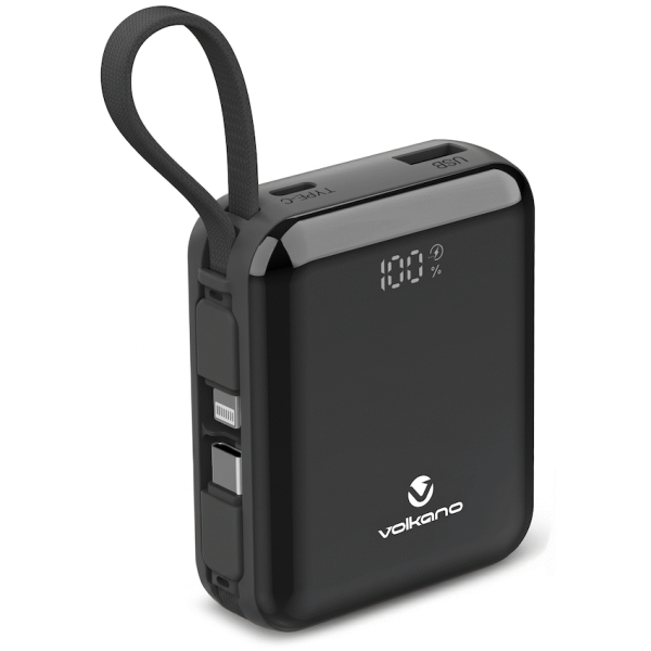 Volkano Solace Series 10 000 mAh Power Bank with Built-in USB-C & Lightning Cable - Black