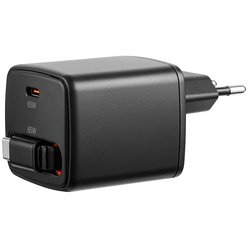 Volkano Sleek Series Fast Wall Charger 65W USB-C with Built-in Retractable 75cm Cable - Black - Image 2