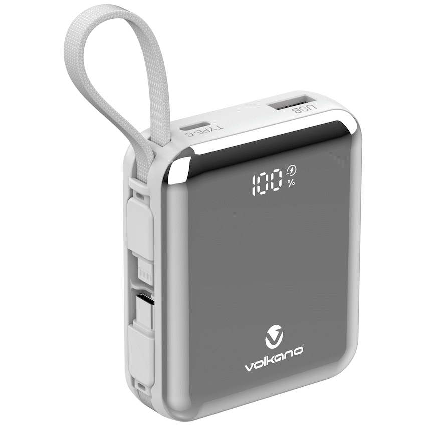 Volkano Solace Series 10 000 mAh Power Bank with Built-in USB-C & Lightning Cable - White & Silver - Image 2