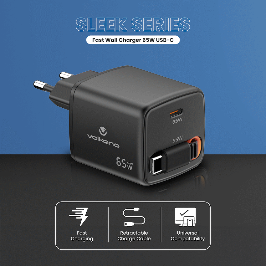 Volkano Sleek Series Fast Wall Charger 65W USB-C with Built-in Retractable 75cm Cable - Black - Image 3