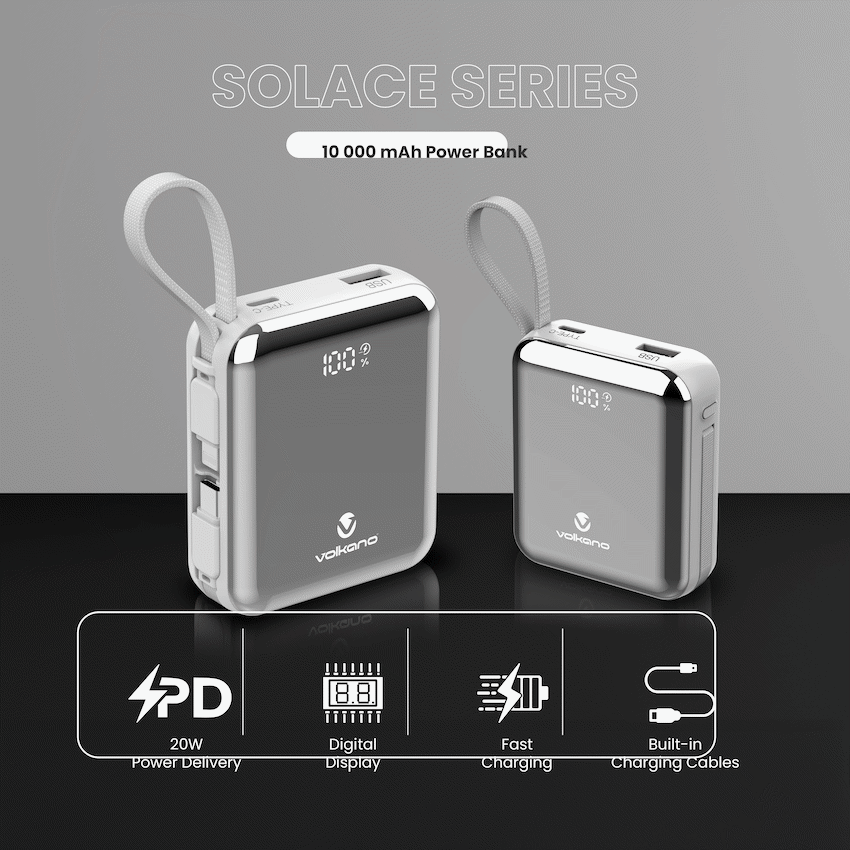Volkano Solace Series 10 000 mAh Power Bank with Built-in USB-C & Lightning Cable - White & Silver - Image 3