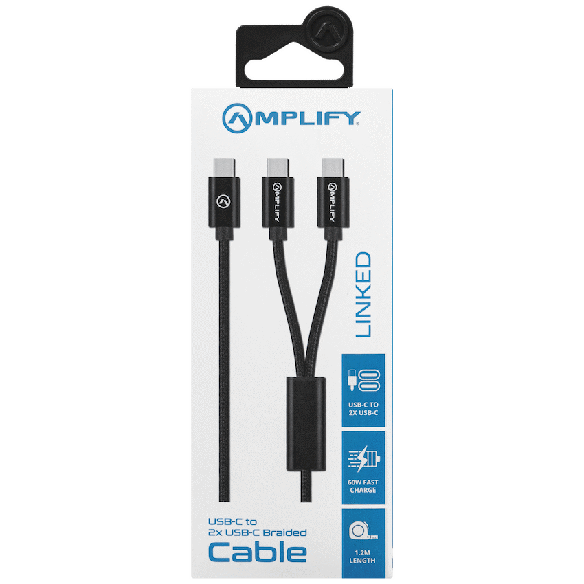 Amplify Linked Series USB-C to 2x USB-C Braided Cable 1.2m - Black - Image 3