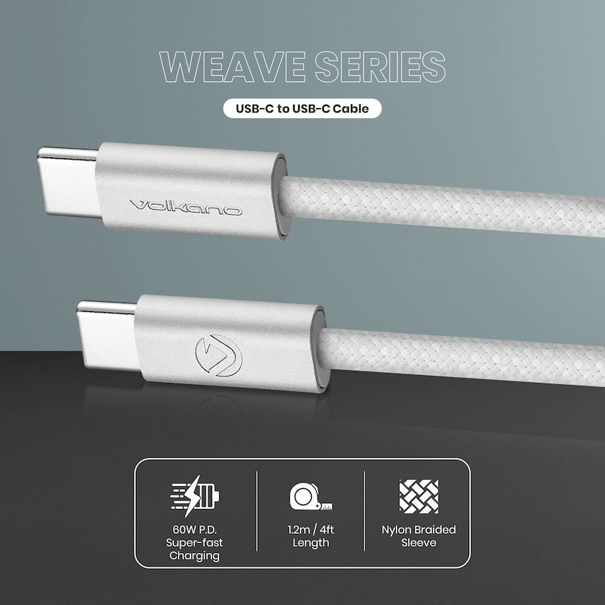 Volkano Weave Series 60w USB C to USB C 1.2m-White - Image 3